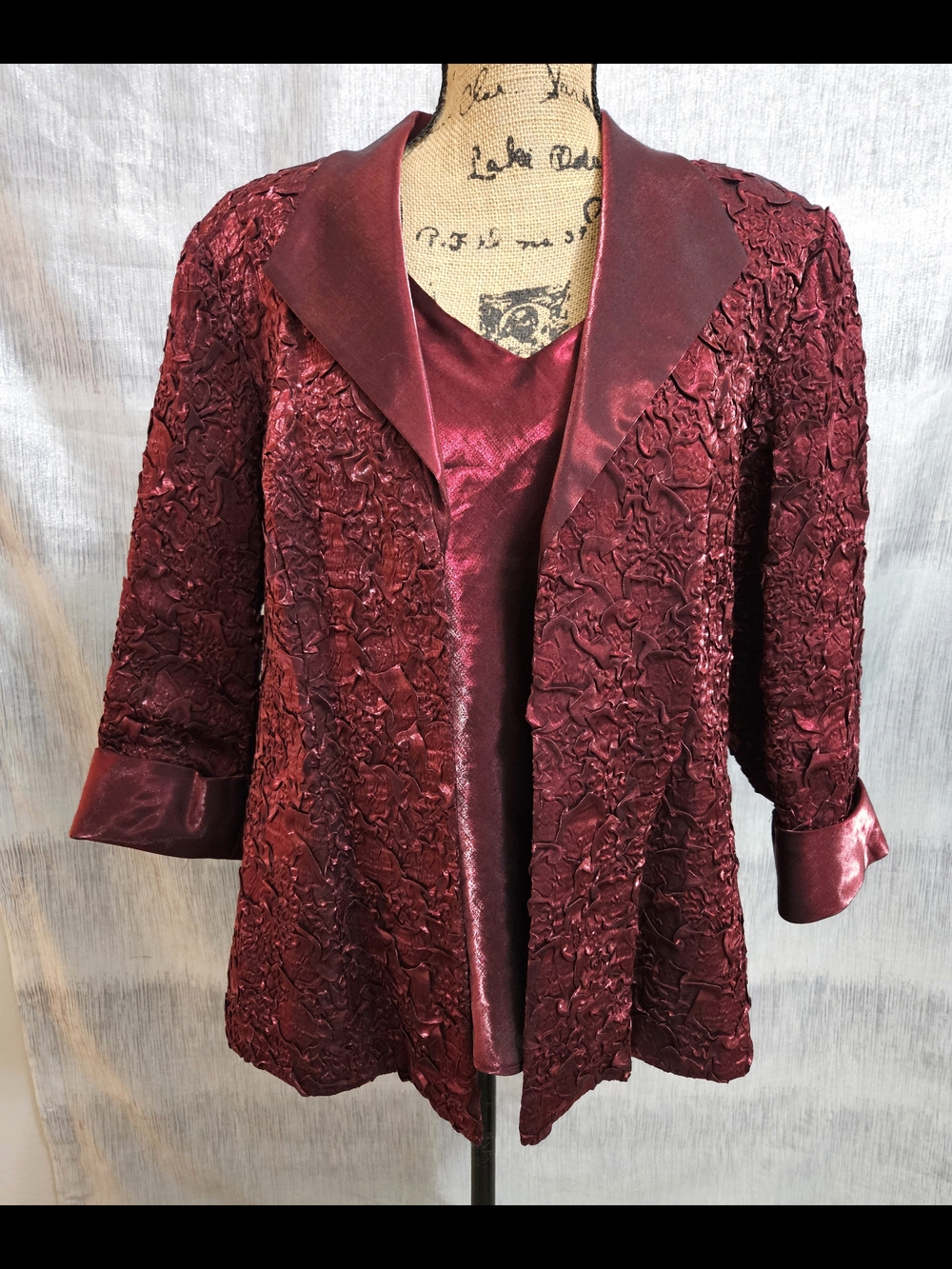 R & M Richards Satin-Trim Burgundy Open-Front Jacket